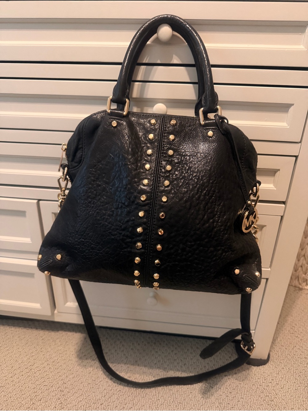 Michael Kors Black Leather Uptown Astor Stud Zip-Top Satchel Purse Cross-Body